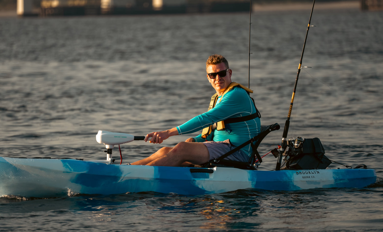 man on a BKC motorized kayak - Brooklyn Kayak Company