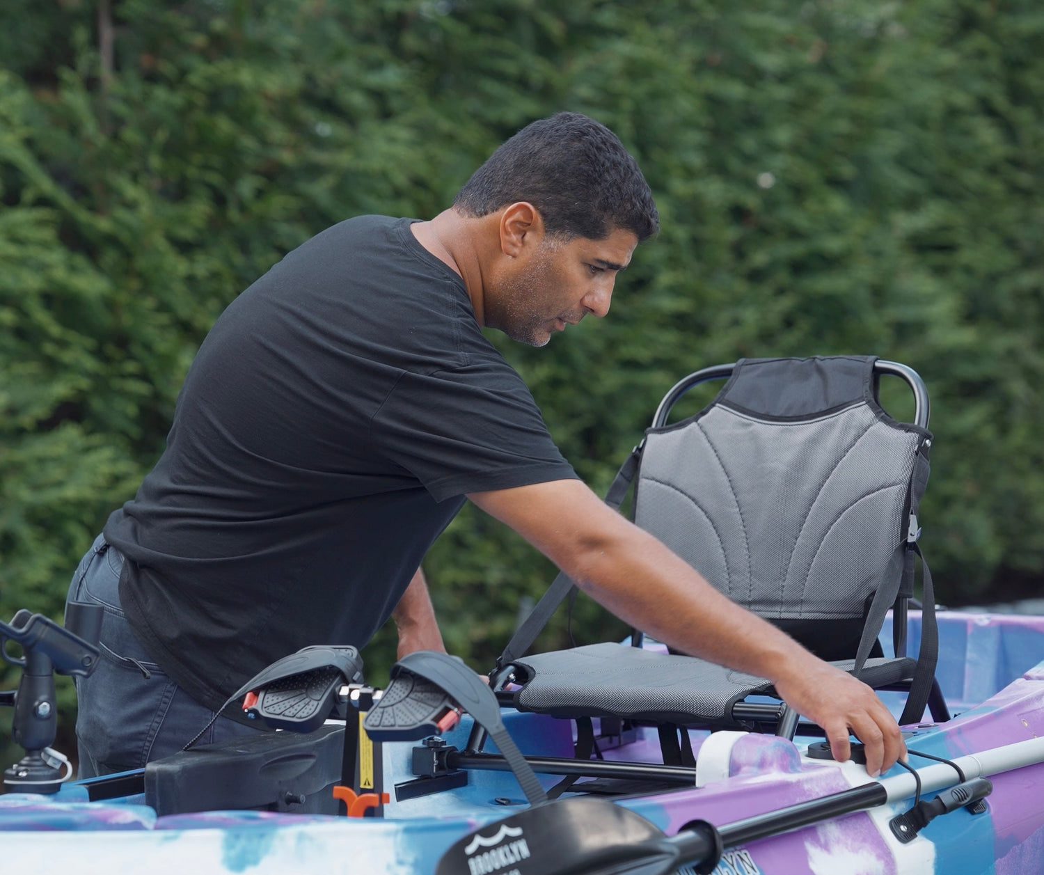 isaac showing features of single pedal kayak - Brooklyn Kayak Company