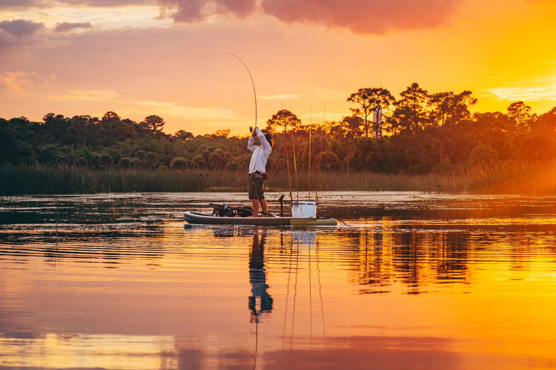 person fishing from a stand up paddle board