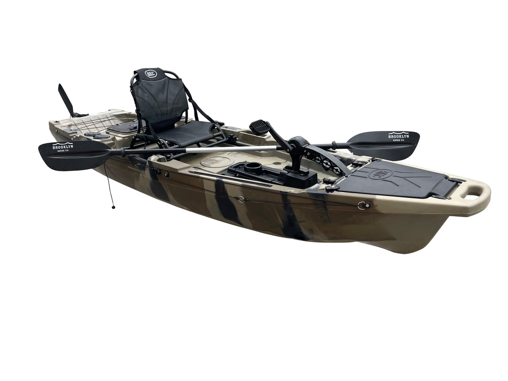 BKC PK11 Angler Solo Fishing Kayak | Pedal Drive, Rudder, Paddle | Green Camo