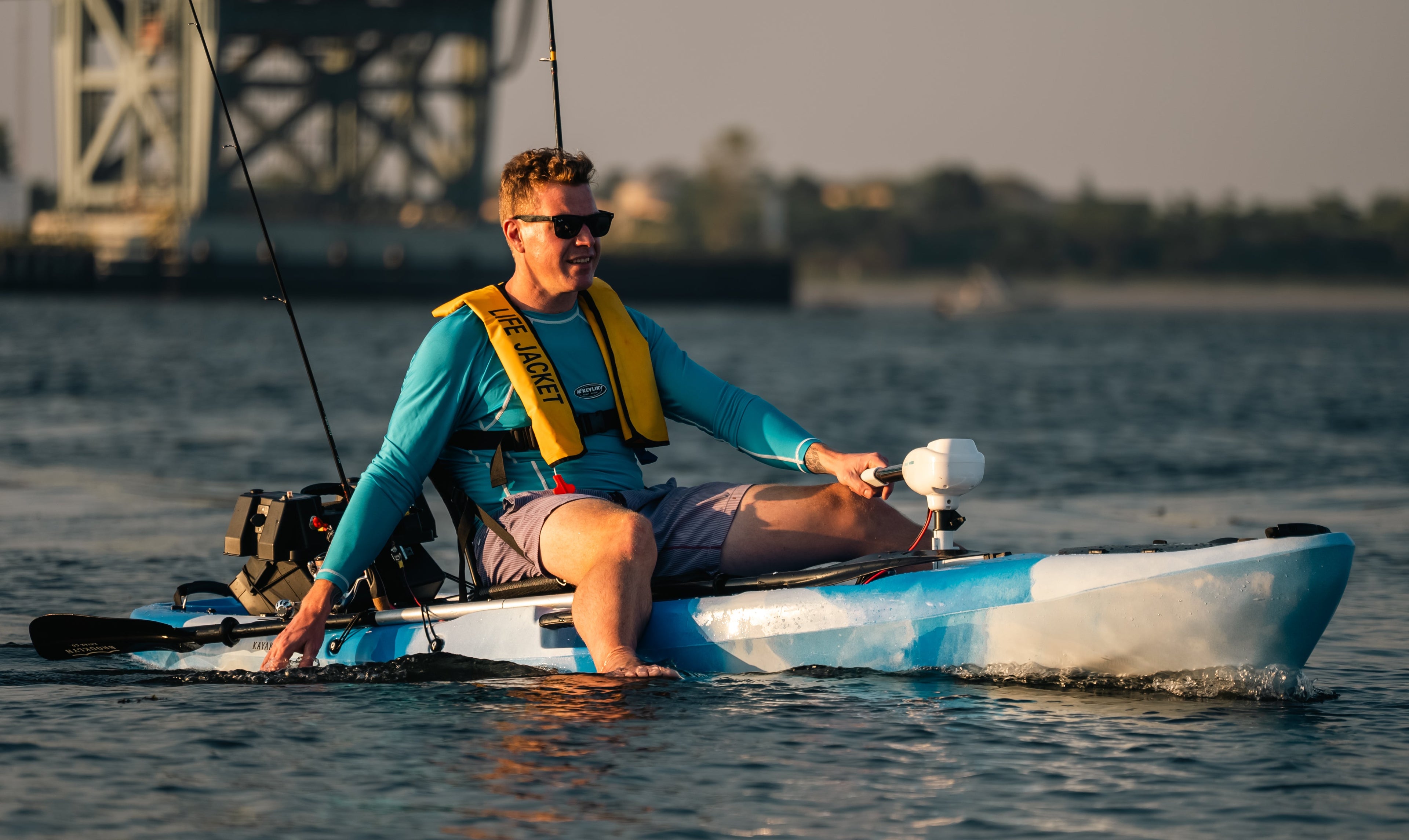 angler on a BKC motorized kayak - Brooklyn Kayak Company