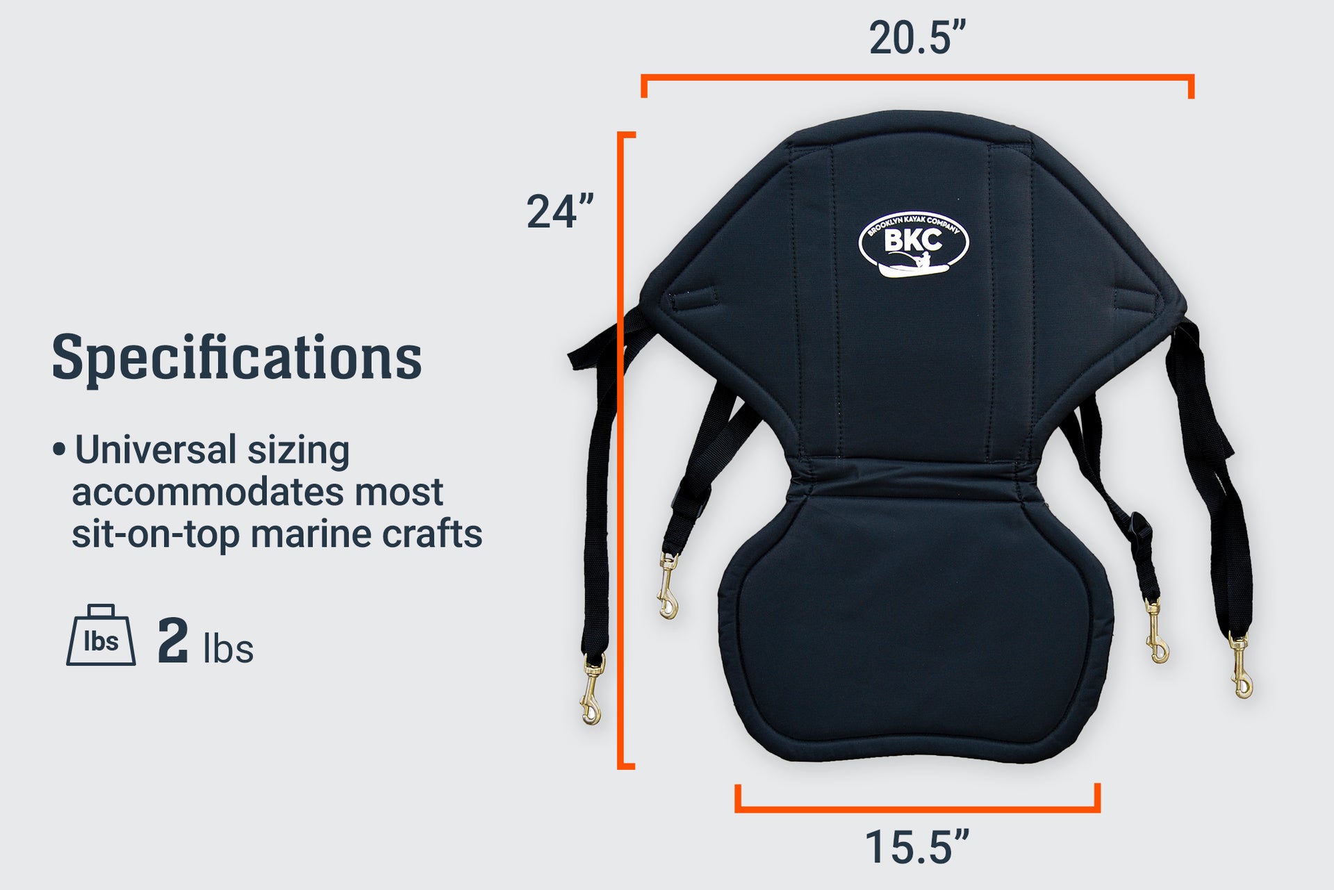 BKC KS222 Universal Sit On Top Kayak Padded Nylon Seat and Backrest with Water Bottle Pouch Included - Brooklyn Kayak Company-specs