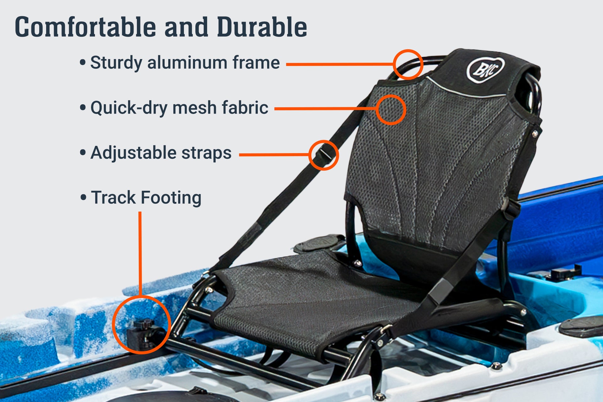 BKC Upright Kayak Seat for 10.5 Pro Single Pedal or Motorized, 12.0 Pro Single Pedal or Motorized, 12.5 Pro Single Pedal or Motorized, 14.0 Pro Tandem Pedal or Motorized - Brooklyn Kayak Company