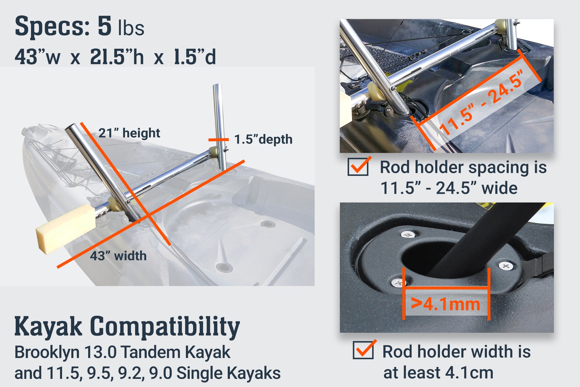 specifications are 43" width 21.5" height 1.5" deep 