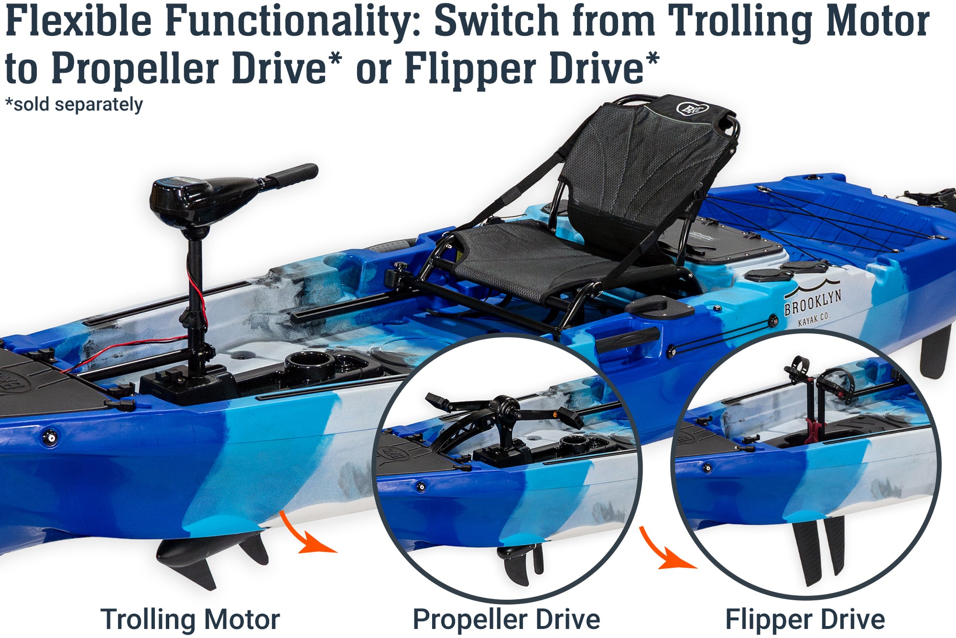 10.5 Pro Single Kayak with motor, propeller pedal drive, flipper pedal drive - Brooklyn Kayak Company