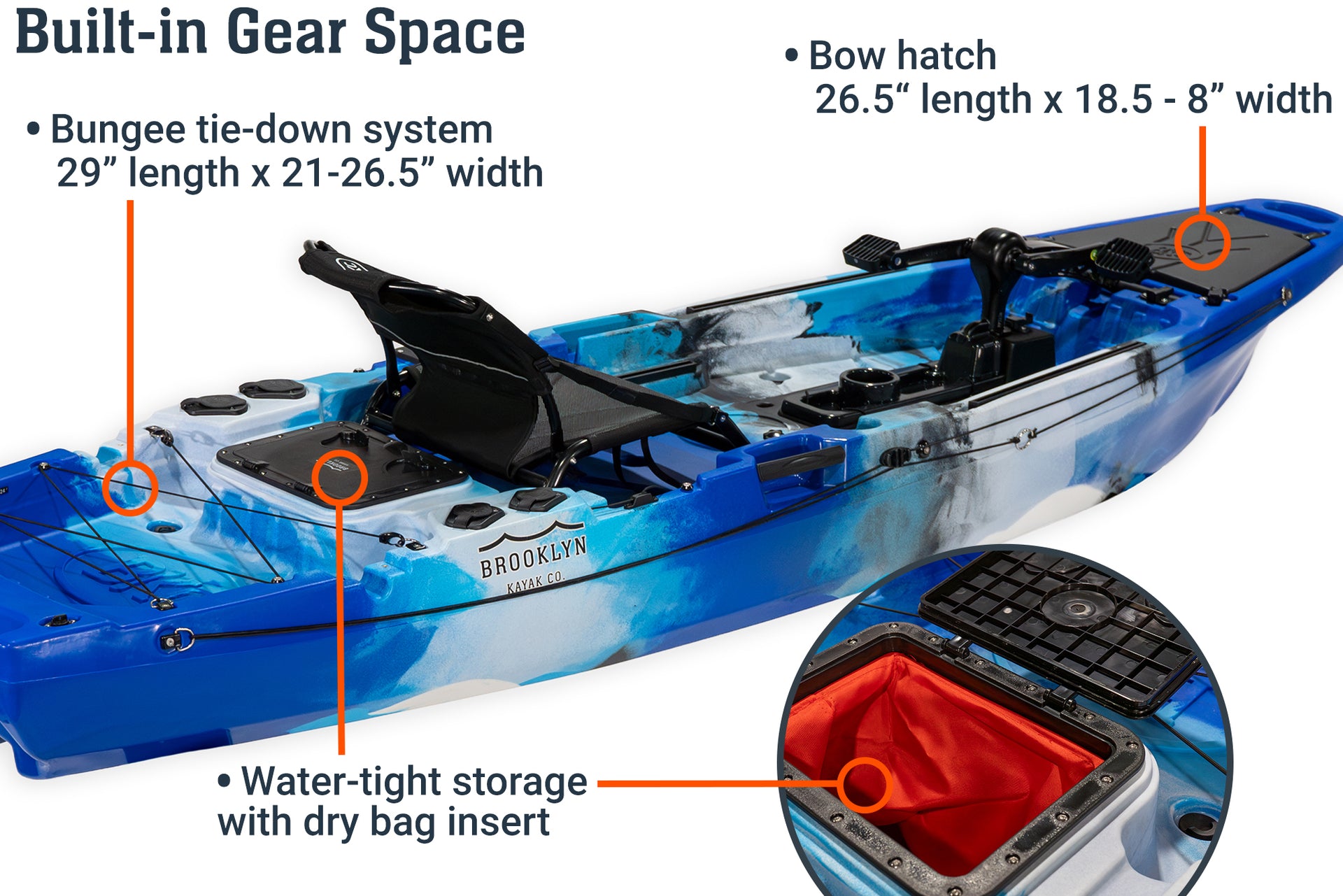 10.5 Pro Single Pedal Kayak, storage - Brooklyn Kayak Company