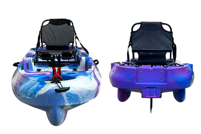 8.0 single foldable pedal kayak, front and back profile views, Brooklyn Kayak Company