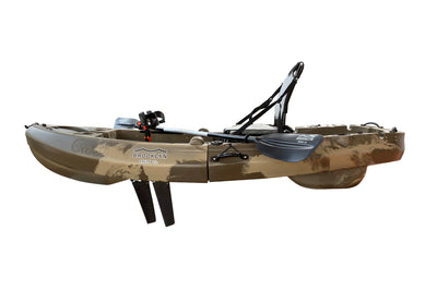 8.0 single foldable pedal kayak, side view- camo- Brooklyn Kayak Company