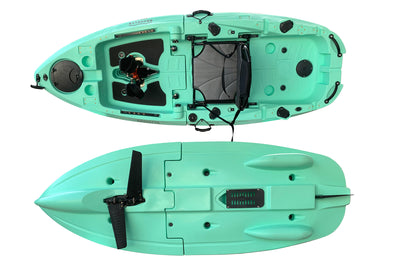 8.0 single foldable pedal kayak, overhead and under views Brooklyn Kayak Company