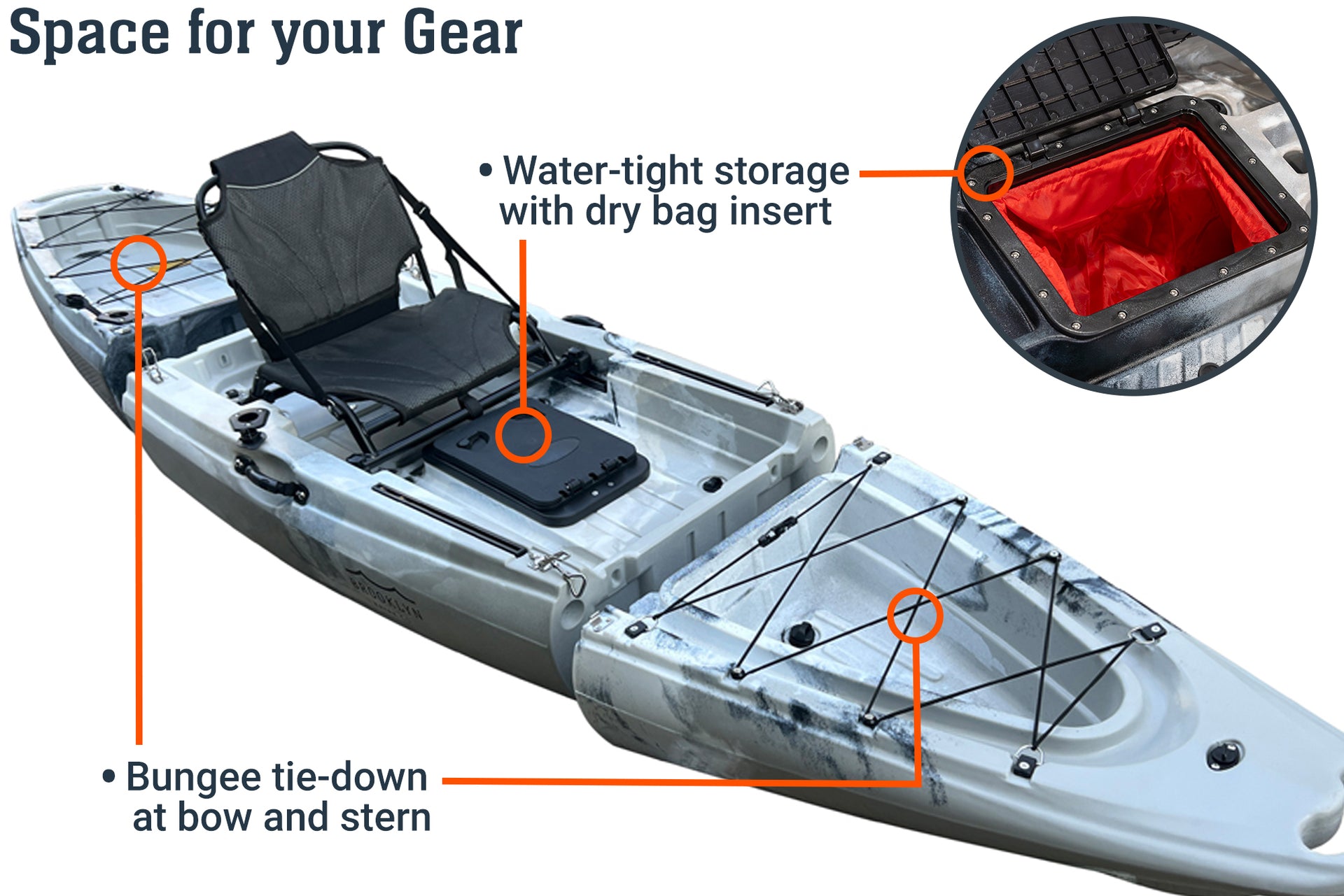 MPK12 single modular kayak, 3-piece, gear space - Brooklyn Kayak Company