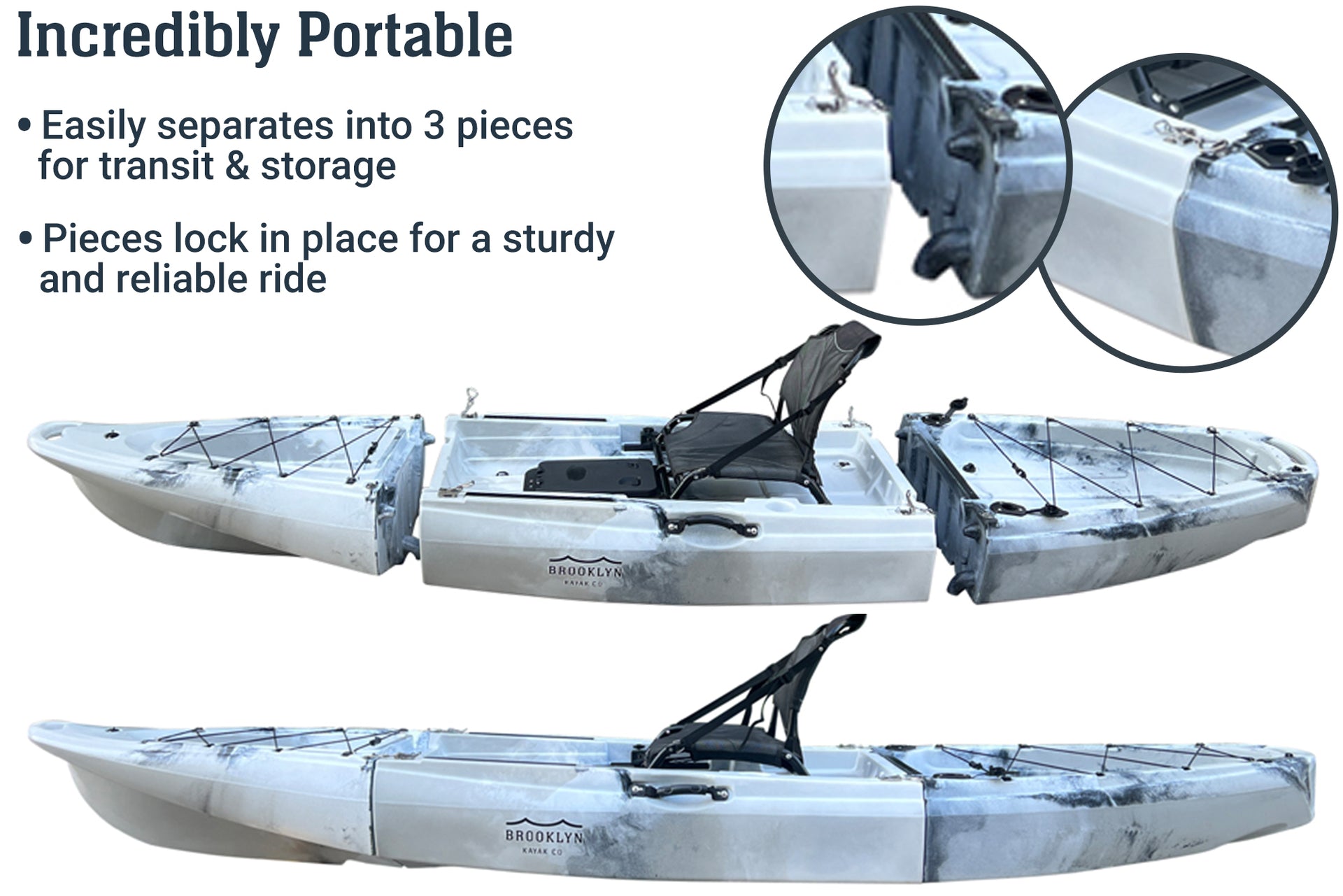 MPK12 single modular kayak, 3-piece, portable - Brooklyn Kayak Company