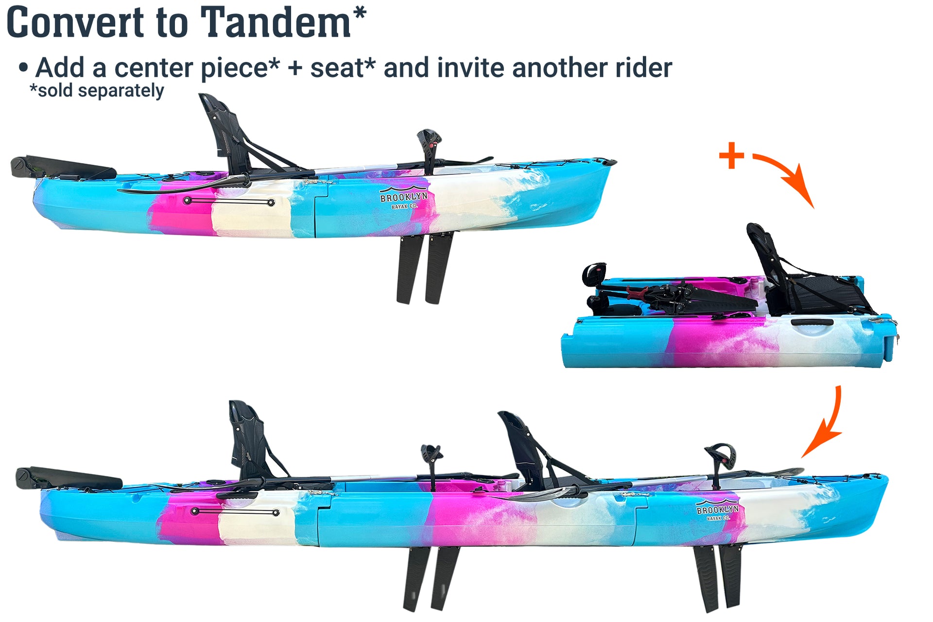 MPK9 single modular pedal kayak, convert to tandem - Brooklyn Kayak Company