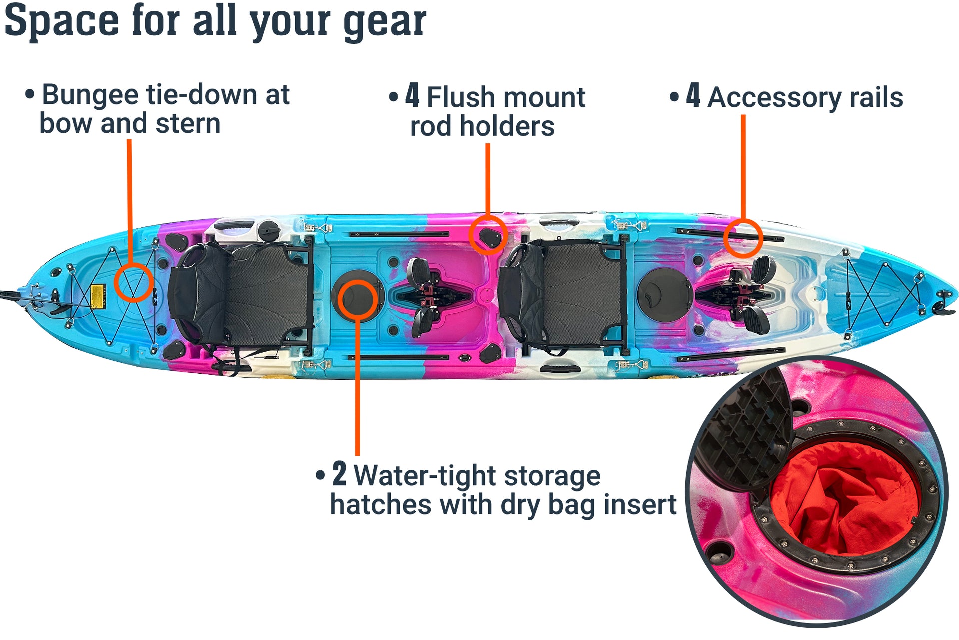 MPT13 tandem modular pedal kayak, 3-piece, gear space - Brooklyn Kayak Company