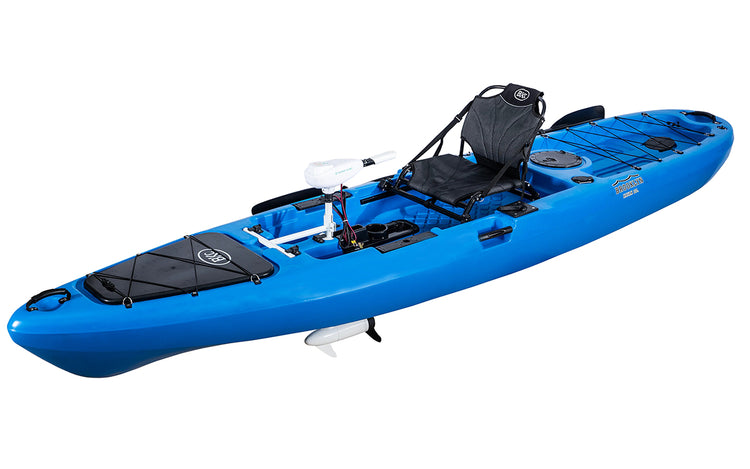 BKC PK13 Angler13-foot Sit On Top Single Fishing Kayak Motorized w/ Trolling Motor, Paddle, and Upright Aluminum Seat