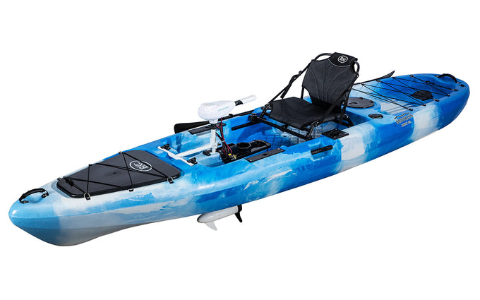 BKC PK13 Angler13-foot Sit On Top Single Fishing Kayak Motorized w/ Trolling Motor, Paddle, and Upright Aluminum Seat