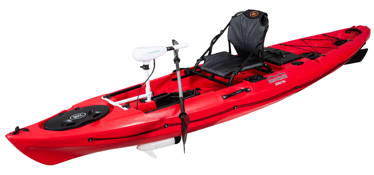 BKC PK12 Angler 12-foot Sit On Top Single Fishing Kayak Motorized w/ Trolling Motor, Paddle, and Upright Aluminum Seat